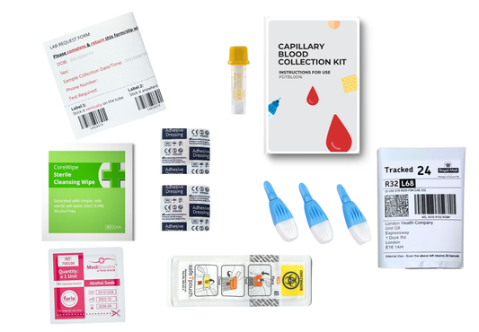 Liver function complete test kit with components for blood collection and testing.